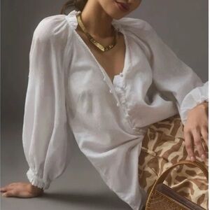 Anthropologie | Maeve The Audie Linen Puff-Sleeve Blouse White | Size 2X